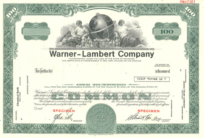 Warner-Lambert Co. - Specimen Stock Certificate